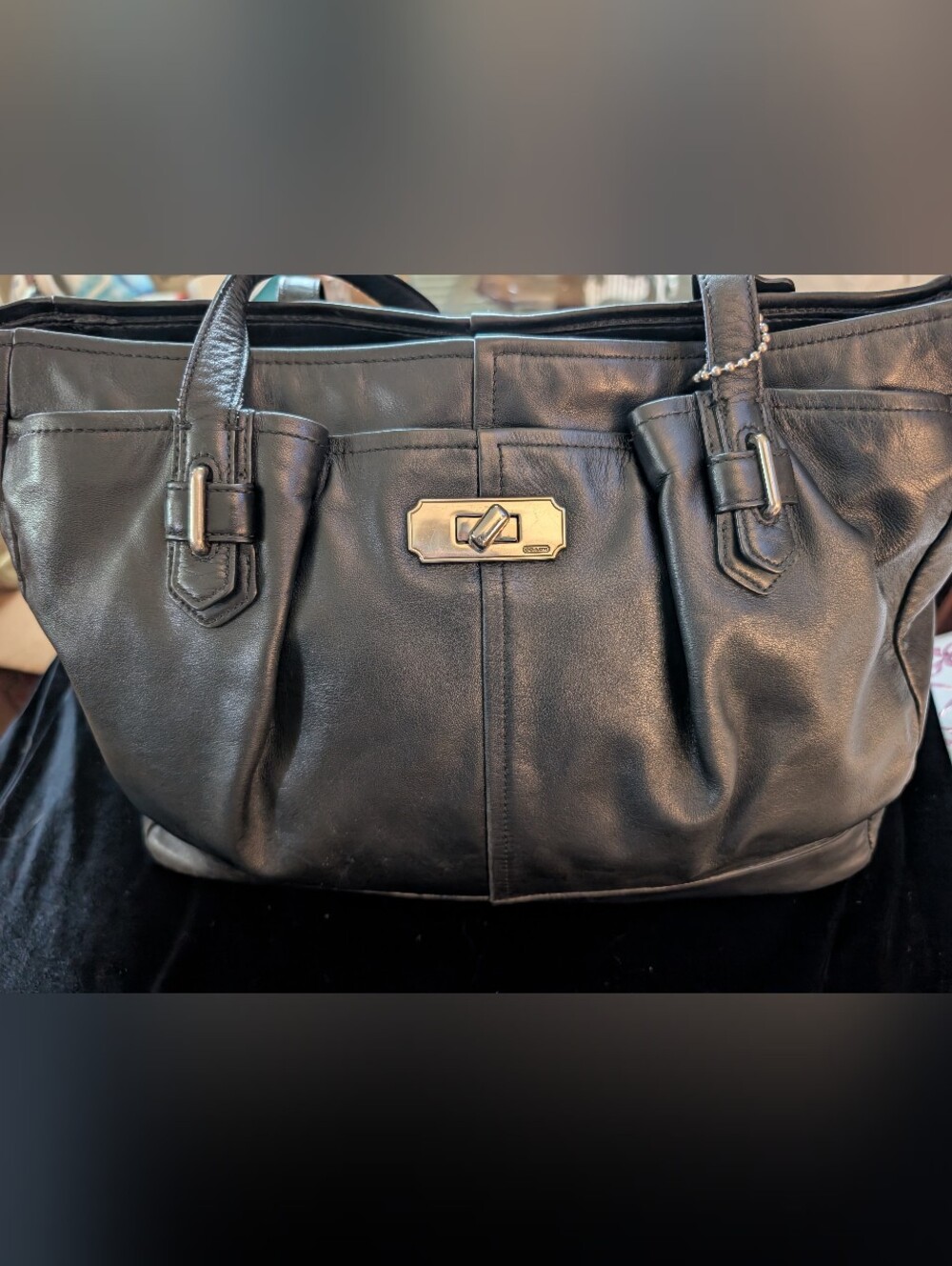 COACH Black Leather Tote Bag with Turnlock Accent